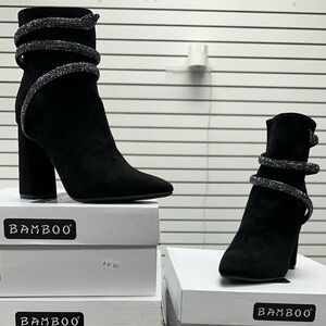 Black Heel Boots - faux suede Comfortable - Harper - Double Ankle Chains